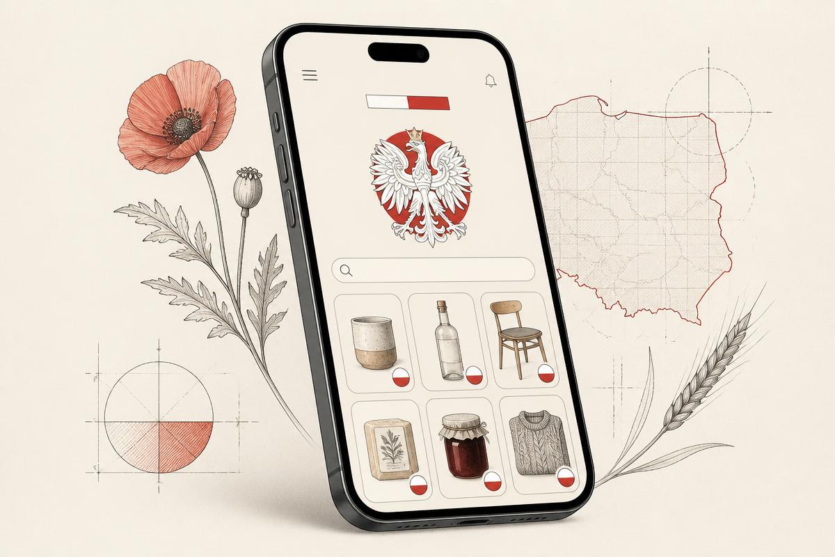 Aplikacja madeinpoland.app na ekranie smartfona: godło z białym orłem, wyszukiwarka polskich produktów i kafelki z biało-czerwonymi oznaczeniami, obok konturu mapy Polski.
