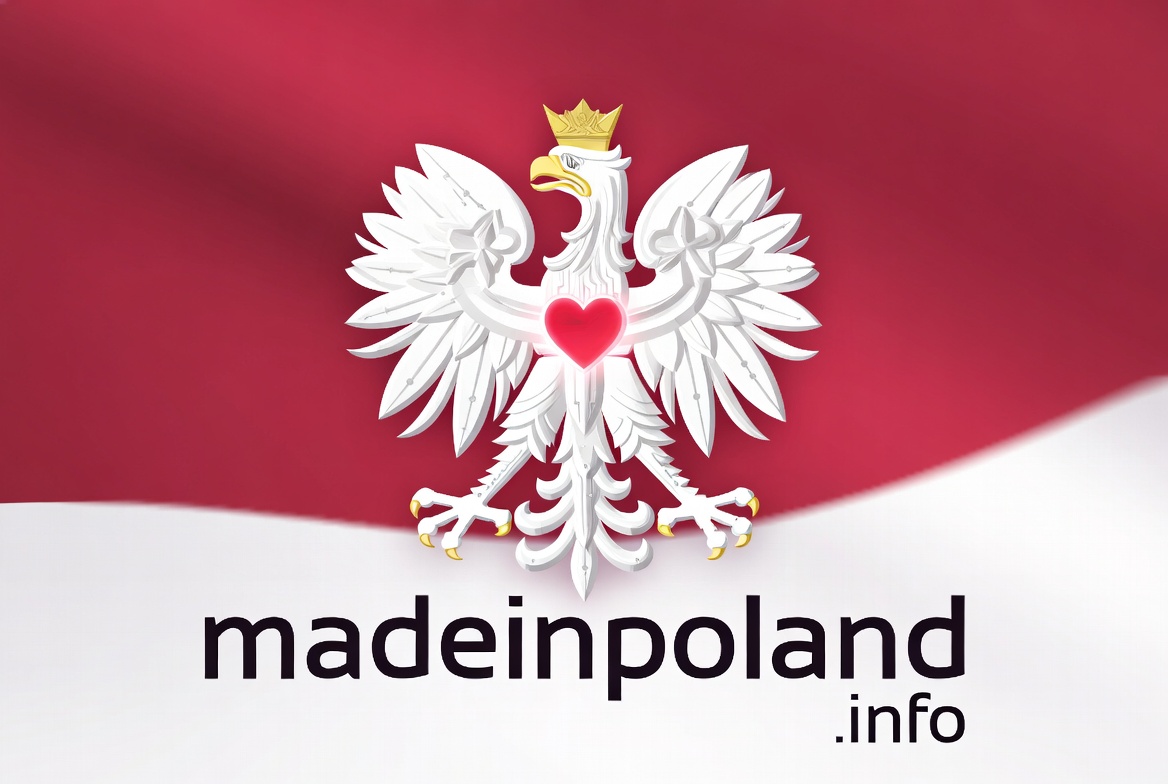 Godło marki Made in Poland na granatowym tle: stylizowany biały orzeł z czerwonym sercem, otoczony motywem nut muzyki Chopina — znak domeny madeinpoland.info.